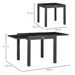 Outsunny Extending Garden Table, Outdoor Dining Table with Aluminium Frame and Tempered Glass Tabletop, 80/160 x 80 x 75 cm, Black - 3
