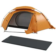 Outsunny Camping Tent with Self Inflatable Mattress, 1 Person Dome Tent with Removable Rainfly and Aluminium Frame, 2000mm Waterproof, Portable with Bags, for Fishing Hiking, Orange/Grey - 1