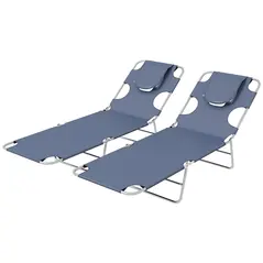 Outsunny Foldable Sun Lounger Set of 2 with Reading Hole, Portable Sun Lounger with 5 Level Adjustable Backrest, Reclining Lounge Chair with Side Pocket, Headrest Pillow, Grey - 1