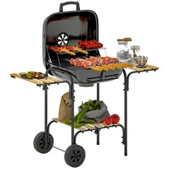 Outsunny Charcoal Barbecue Grill Portable BBQ Grill with 1840 cm² Cooking Area, 3 Shelves, Adjustable Vent, Lockable Lid, Wheels for Outdoor Cooking, Garden Party, Black - 1