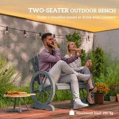 Outsunny Fir Wood Love Seats with Wheel-Shaped Armrests, Large Load-Bearing Chair, Grey - 4