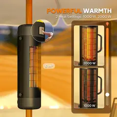 Outsunny Electric Umbrella Parasol Mounted Patio Heater for 25-70 mm Poles, 2000 W Outdoor Garden Heater with 2 Heat Setting, 6 ㎡ Coverage, Tip-Over Protection, Black - 5