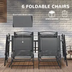 Outsunny Eight-Piece Garden Dining Set, with Chairs, Table and Parasol - Black - 5