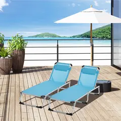 Outsunny Foldable Outdoor Sun Loungers Set of 2, Reclining Lounge Chair Camping Bed Cot with Pillow 4-Level Adjustable Back Aluminium Frame, Blue - 2
