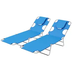 Outsunny Foldable Sun Lounger Set of 2 with Reading Hole, Portable Sun Lounger with 5 Level Adjustable Backrest, Reclining Lounge Chair with Side Pocket, Headrest Pillow, Blue - 1