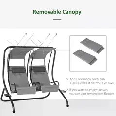 Outsunny Canopy Swing 2 Separate Relax Chairs w/ Handrails and Removable Canopy Grey - 5