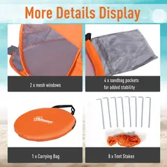 Outsunny Fibreglass Frame 2 Person Pop-Up Lightweight Camping Tent Orange - 6