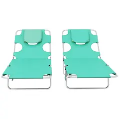 Outsunny Foldable Sun Lounger Set of 2 with Reading Hole, Portable Sun Lounger with 5 Level Adjustable Backrest, Reclining Lounge Chair with Side Pocket, Headrest Pillow, Green - 8