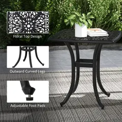 Outsunny Cast Aluminium Bistro Table, Outdoor Square Side Table with Umbrella Hole, Garden Table for Balcony, Black - 6