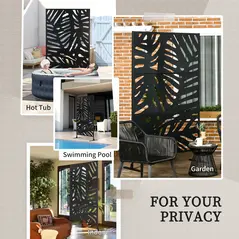 Outsunny Decorative Garden Privacy Screen with Stand, 6.5FT Freestanding Metal Outdoor Divider, Decorative Privacy Panel with Expansion Screws for Garden Pool Hot Tub, Large Leaves Style, Black - 6