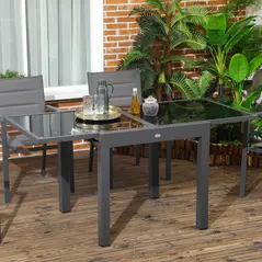 Outsunny Extending Garden Table, Outdoor Dining Table with Aluminium Frame and Tempered Glass Tabletop, 80/160 x 80 x 75 cm, Black - 2