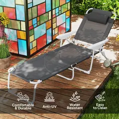 Outsunny Foldable Lounge Chair with 4-Level Adjustable Backrest & Headrest - Charcoal Grey - 4