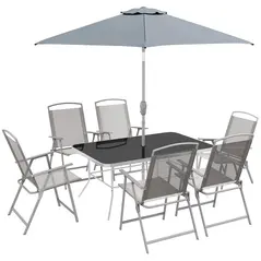 Outsunny Eight-Piece Garden Dining Set, with Chairs, Table and Parasol - Grey - 1