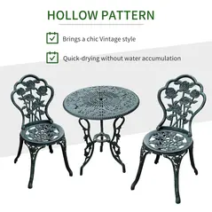 Outsunny Cast Aluminium Outdoor Patio Garden Bistro Elegant Design Table Chair Set - Green (3-Piece) - 5
