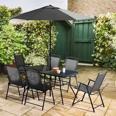 Outsunny Eight-Piece Garden Dining Set, with Chairs, Table and Parasol - Black - 2