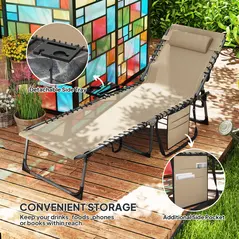Outsunny Five-Position Reclining Sun Lounger - Beige - 6