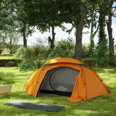 Outsunny Camping Tent with Self Inflatable Mattress, 1 Person Dome Tent with Removable Rainfly and Aluminium Frame, 2000mm Waterproof, Portable with Bags, for Fishing Hiking, Orange/Grey - 2