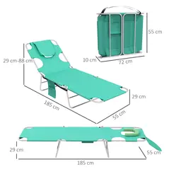 Outsunny Foldable Sun Lounger Set of 2 with Reading Hole, Portable Sun Lounger with 5 Level Adjustable Backrest, Reclining Lounge Chair with Side Pocket, Headrest Pillow, Green - 3