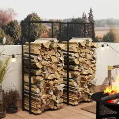 Outsunny Firewood Log Rack Set of 2, Retractable Metal Wood Store Holder, Indoor Outdoor Fireplace Log Storage Shelf with Hooks, 65 x 25 x 150 cm, Black - 2