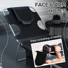 Outsunny Foldable Sun Lounger Set of 2, Beach Chaise Lounges with Reading Hole, Arm Slots, 5-Position Adjustable Backrest, Side Pocket, Pillow for Patio, Garden, Beach, Pool, Black - 5