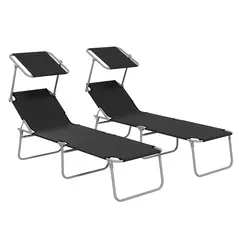 Outsunny Foldable Sun Lounger Set of 2 with Sun Shade & Adjustable Backrest - Black - 1