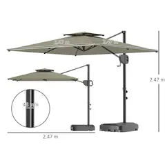 Outsunny Cantilever Parasol with Weighted Base Double Top Garden Parasol Square Hanging Patio Umbrella with Crank Tilt Light Grey - 3