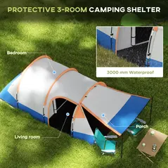 Outsunny Camping Tent, Large Tunnel Tent with Bedroom and Living Area, 2000mm Waterproof, Portable with Bag for 2-3 Man, Orange - 4