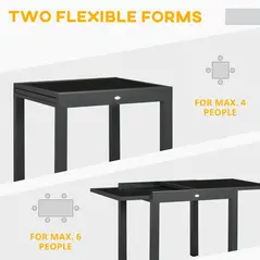 Outsunny Extending Garden Table, Outdoor Dining Table with Aluminium Frame and Tempered Glass Tabletop, 80/160 x 80 x 75 cm, Black - 4