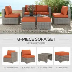 Outsunny Eight-Piece Rattan Garden Set, with Contrast Cushions - Orange/Grey - 4