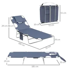 Outsunny Foldable Sun Lounger Set of 2 with Reading Hole, Portable Sun Lounger with 5 Level Adjustable Backrest, Reclining Lounge Chair with Side Pocket, Headrest Pillow, Grey - 3