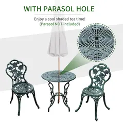 Outsunny Cast Aluminium Outdoor Patio Garden Bistro Elegant Design Table Chair Set - Green (3-Piece) - 4