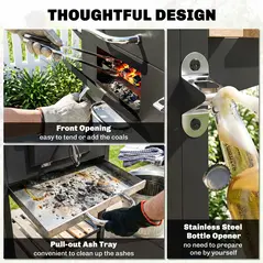 Outsunny Charcoal BBQ Grill with Height Adjustable Charcoal Pan, Barbecue Smoker with Warming Rack, 3 Shelves, Temperature Gauge, Wheels, Bottle Opener for Outdoor Cooking Garden Party - 8