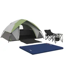 Outsunny Camping Tent with Inflatable Mattress and Camping Table&Chair, 2-3 Person Dome Tent with Sewn-in Groundsheet, Portable 3000mm Waterproof Tent with Carry Bag and Hook, for Fishing Hiking - 1