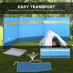 Outsunny Camping Windbreaker with Clear Windows, Carry Bag and Steel Poles, for Beach Caravan Campervan, 440 x 140cm, Blue - 7