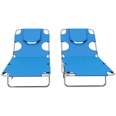 Outsunny Foldable Sun Lounger Set of 2 with Reading Hole, Portable Sun Lounger with 5 Level Adjustable Backrest, Reclining Lounge Chair with Side Pocket, Headrest Pillow, Blue - 8