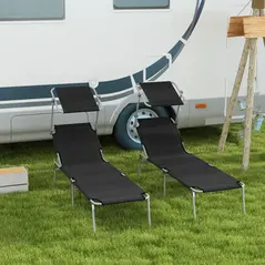 Outsunny Foldable Sun Lounger Set of 2 with Sun Shade & Adjustable Backrest - Black - 2