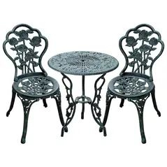 Outsunny Cast Aluminium Outdoor Patio Garden Bistro Elegant Design Table Chair Set - Green (3-Piece) - 1