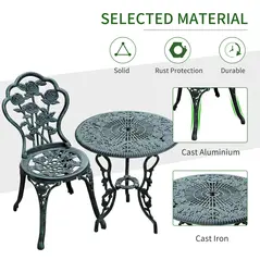 Outsunny Cast Aluminium Outdoor Patio Garden Bistro Elegant Design Table Chair Set - Green (3-Piece) - 6