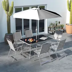Outsunny Eight-Piece Garden Dining Set, with Chairs, Table and Parasol - Grey - 2