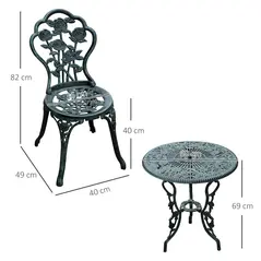Outsunny Cast Aluminium Outdoor Patio Garden Bistro Elegant Design Table Chair Set - Green (3-Piece) - 3