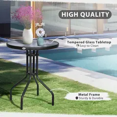 Outsunny Bistro Coffee Table Outdoor Tempered Glass Top Table Garden Round Dining Table - 60cm Diameter - 4