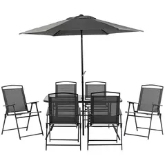 Outsunny Eight-Piece Garden Dining Set, with Chairs, Table and Parasol - Black - 1