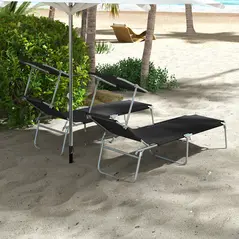 Outsunny Foldable Sun Lounger Set of 2 with Sun Shade & Adjustable Backrest - Black - 9