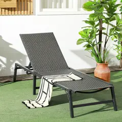 Outsunny Foldable Rattan Sun Lounger with 5-Level Adjust Backrest, Recliner Chair, Grey - 2