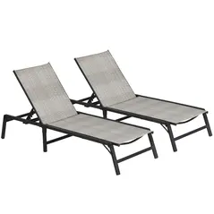 Outsunny Foldable Outdoor PE Rattan Sun Lounger Set of 2, Patio Wicker Recliners Lounge Chair w/ 5-Level Adjustable Backrest, for Poolside, Garden, Mixed Grey - 1