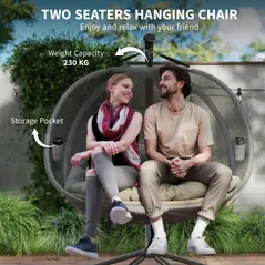 Outsunny Double Hanging Egg Chair 2 Seaters Texteline Swing Hammock Chair with Stand, Cushion and Folding Design, for Indoor and Outdoor, Brown - 8