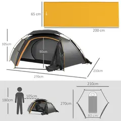 Outsunny Camping Tent with Self Inflatable Mattress, 1 Person Dome Tent with Removable Rainfly and Aluminium Frame, 2000mm Waterproof, Portable with Bags, for Fishing Hiking, Dark Grey/Khaki - 3