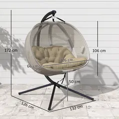 Outsunny Double Hanging Egg Chair 2 Seaters Texteline Swing Hammock Chair with Stand, Cushion and Folding Design, for Indoor and Outdoor, Brown - 3