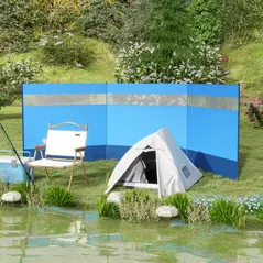 Outsunny Camping Windbreaker with Clear Windows, Carry Bag and Steel Poles, for Beach Caravan Campervan, 440 x 140cm, Blue - 2