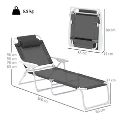 Outsunny Foldable Lounge Chair with 4-Level Adjustable Backrest & Headrest - Charcoal Grey - 3
